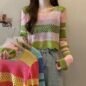 ICW Women's Korean Style Knitted Sheer Crochet Long Sleeve Hollow Out Colour Block Print Crop Top T-Shirt - Image 2
