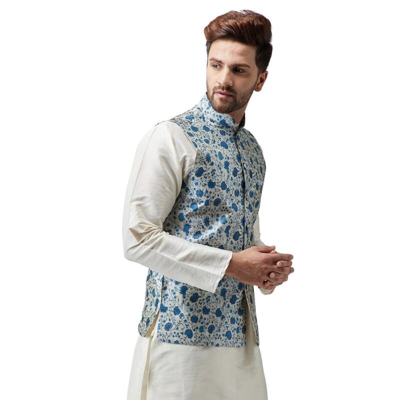 Men's Silk Blend Red Printed ONLY Nehru Jacket - Image 2