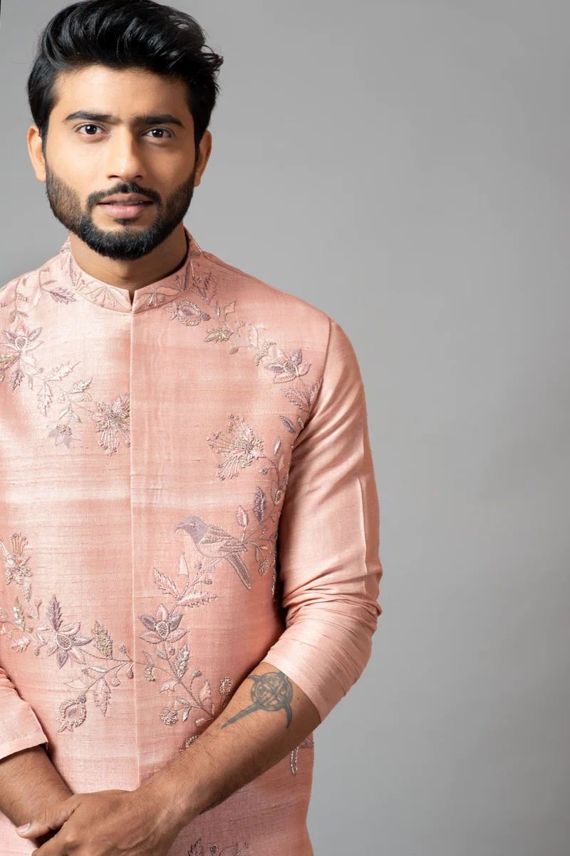Onion Pink Embroidered Nehru Jacket With Kurta Set - Image 3
