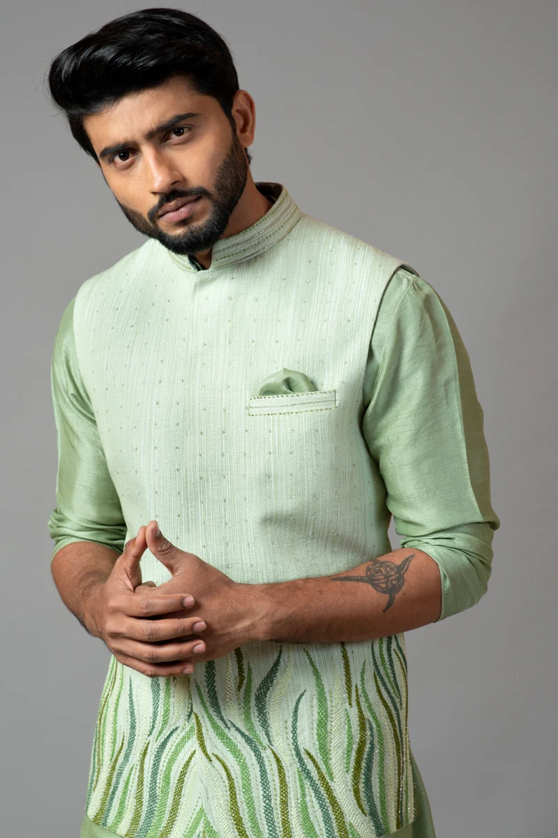 Mint Green Embroidered Nehru Jacket With Kurta Set - Image 2