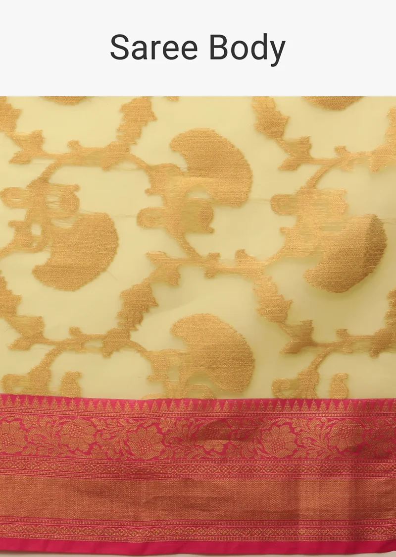 Celery Green Saree In Organza Silk With Golden Brocade Woven Floral Jaal And Magenta Border Design - Image 7