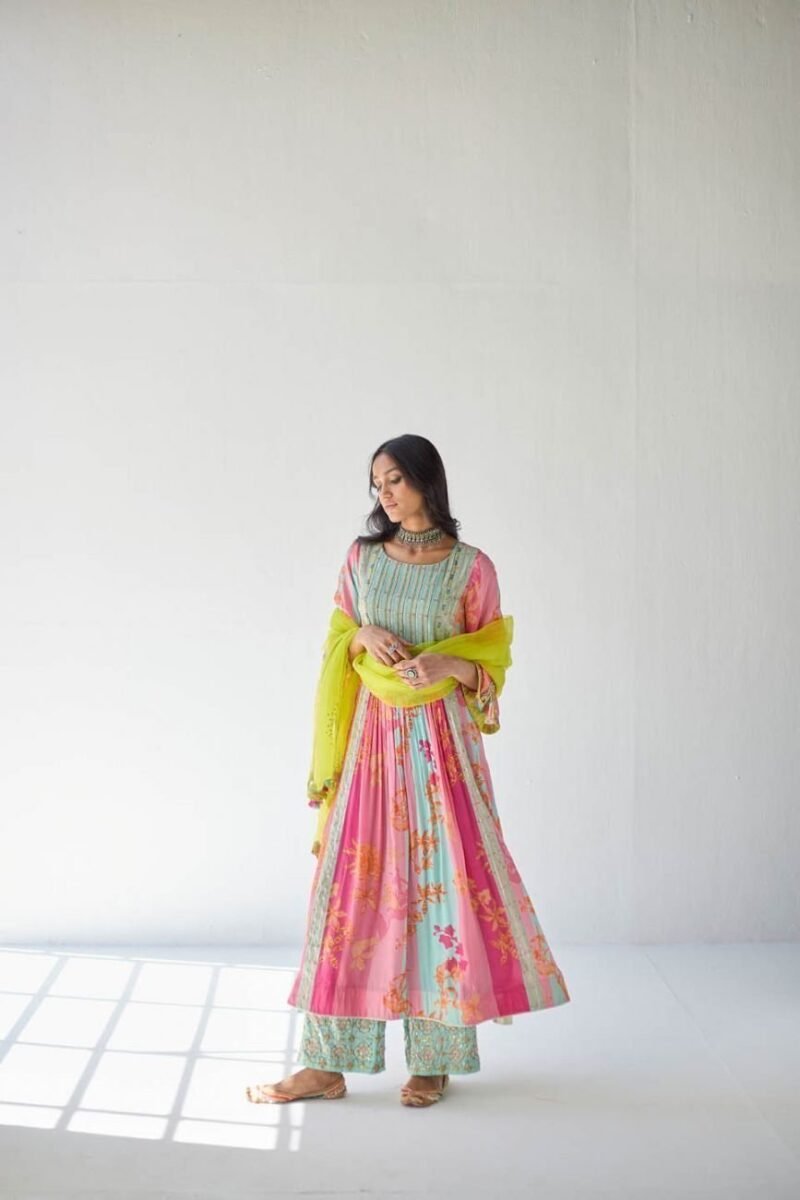 Hot Pink Orchid Front Puckering Yoke Kurta Set - Image 3