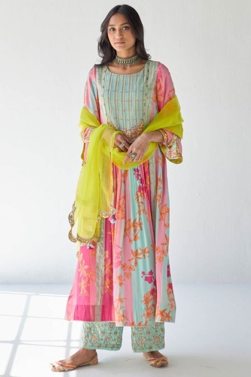 Hot Pink Orchid Front Puckering Yoke Kurta Set - Image 5