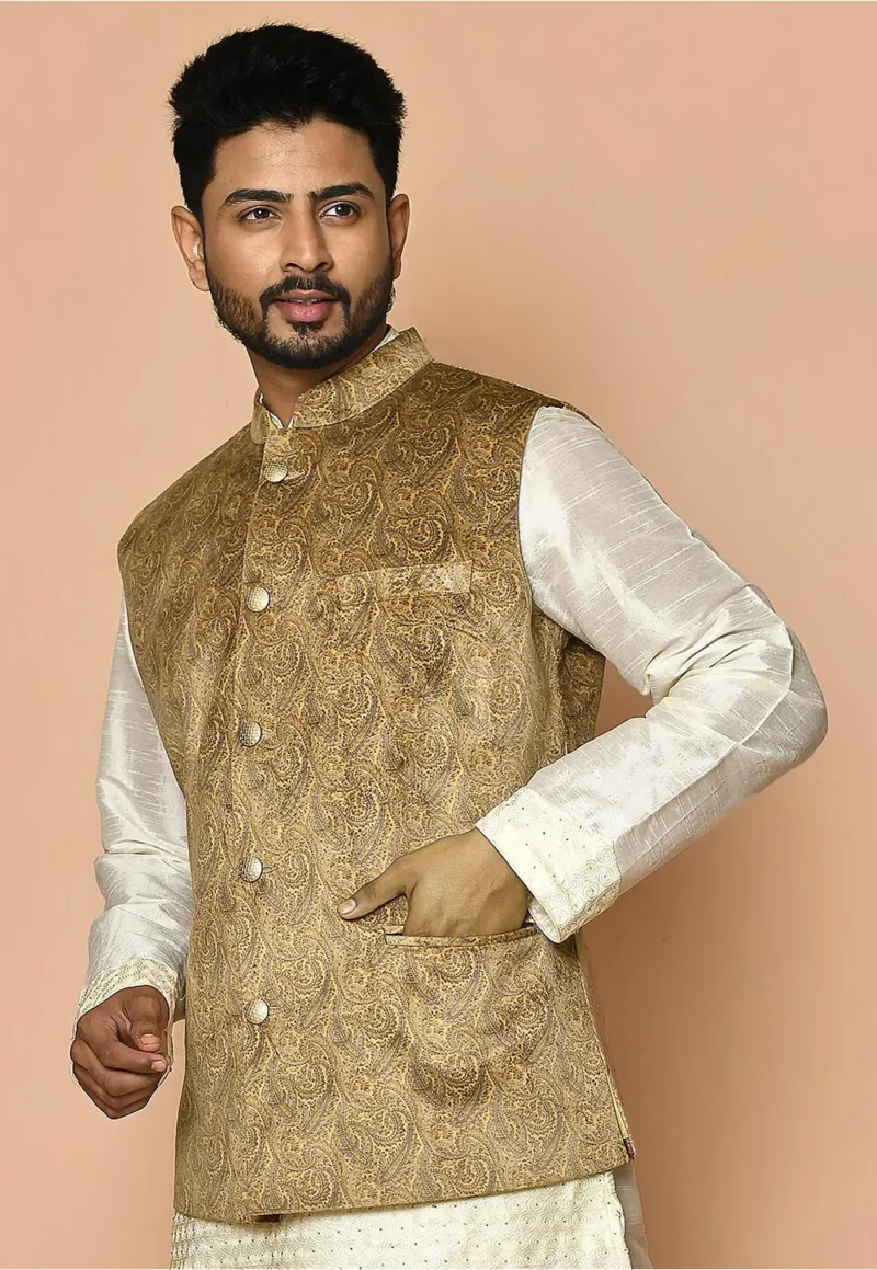 Digital Printed Velvet Nehru Jacket in Mustard - Image 4