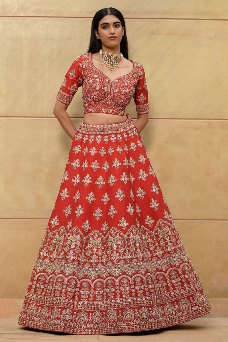 Persian Red Zari Embroidered Raw Silk Bridal Lehenga - Image 5