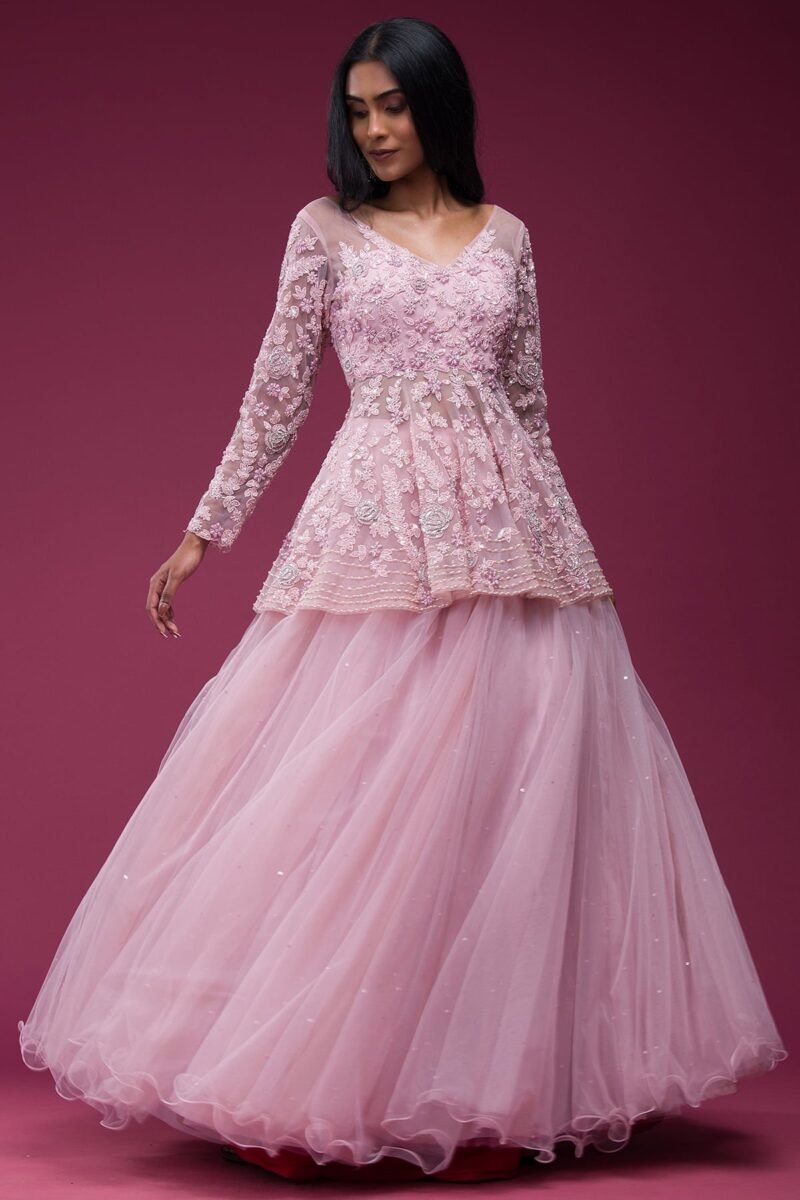 Light Pink Sequins Embroidered Net Designer Lehenga - Image 4
