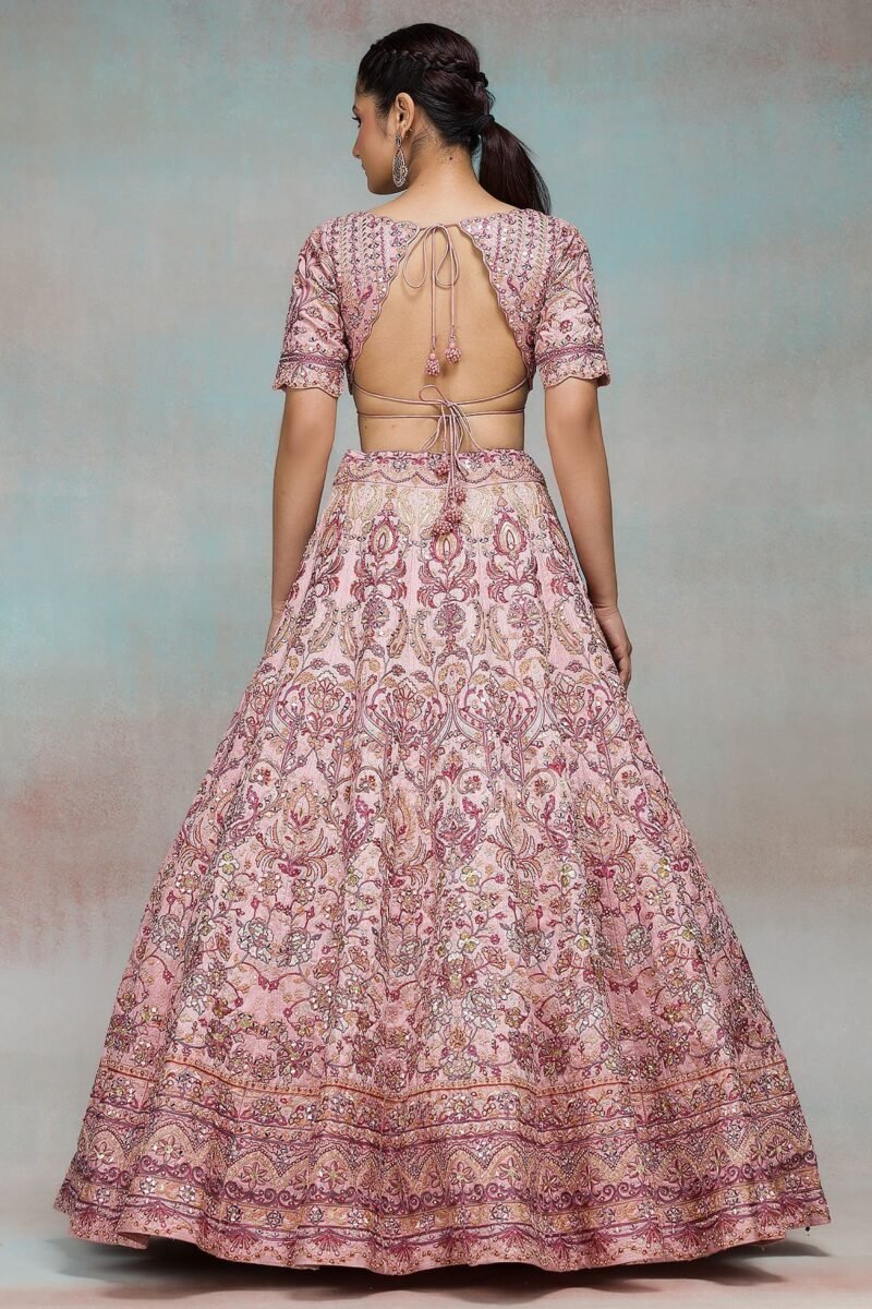 Peach Mirror Embroidered Raw Silk Bridesmaid Lehenga - Image 4