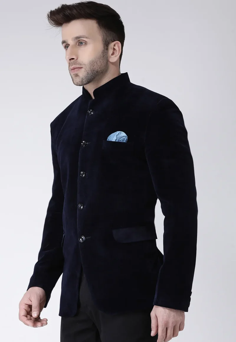 Solid Color Velvet Jodhpuri Jacket in Navy Blue - Image 4