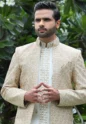 Woven Art Silk Jacket Style Sherwani in Cream and Off White - Image 2