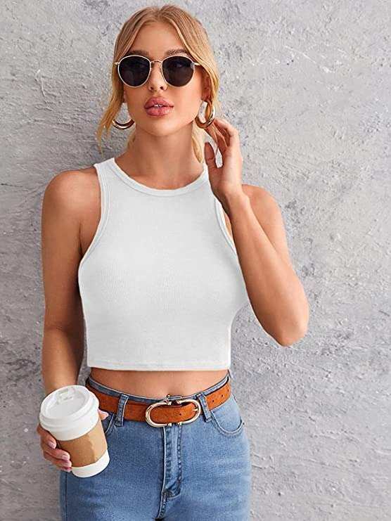 Women's Basic Sleeveless Crop Top Halter Neck Racer Back Rib Knit Tank b-CT-02 - Image 3